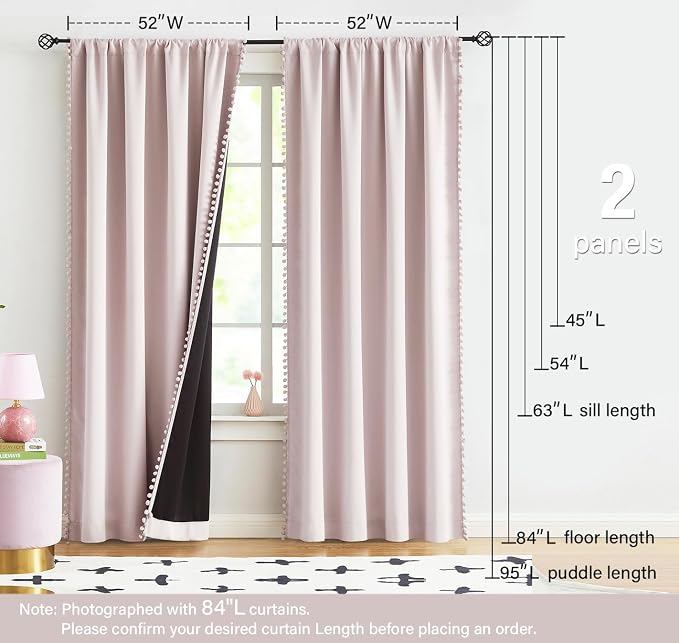 Treatmentex 100% Full Blackout-Curtains for Bedroom Pink Pom Poms Curtain Panals for Girls 95inch Cute Thermal Insulated Window Drapes for Living Room Baby Nursery 52" w x 95" l 2pcs Rod Pocket