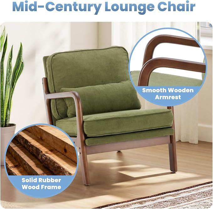 DUMOS Mid Century Modern Accent Chairs Set of 2, Armchair with Lumbar Pillow and Waist Cushion, Solid Wood Frame Lounge Chair for Living Room, Bedroom, Reading Nook, Small Apartment Corner, Green