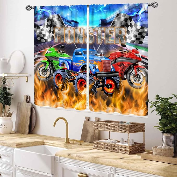 Racing Car Curtains, Cool Monster Cartoon Truck Buring Flame Colorful Race Stadium Blackout Window Drapery Treatments for Boys Kids Baby Bedroom Living Room Playroom Nursery 2 Panel Set, 55x39 Inch