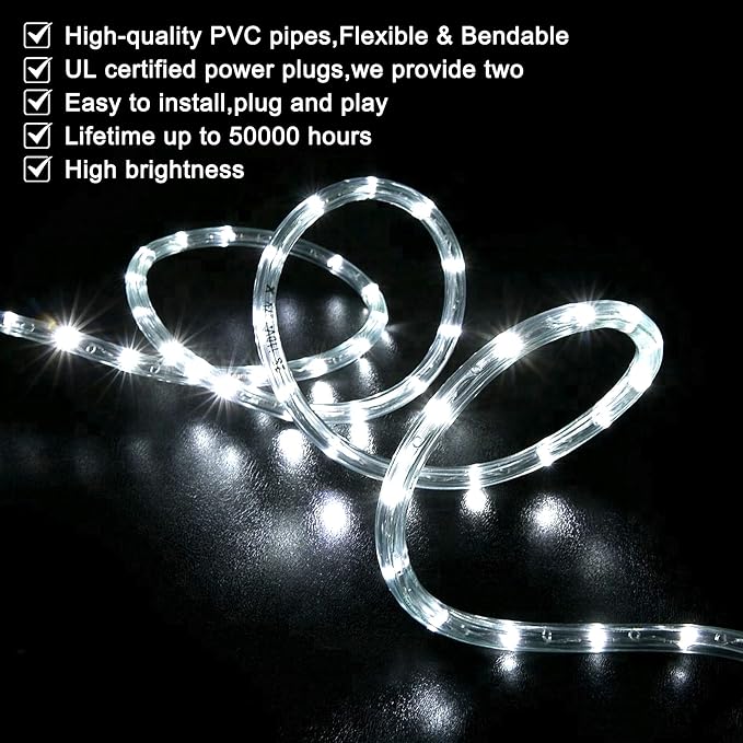 SURNIE Rope Lights Outdoor Waterproof Daylight White: LED 50FT Cuttable Outside Bright 110V Lighting Connectable Flexible Plug Cool Clear Tube, Indoor Deck Patio Xmas Camping Decor, Not Flat Strip