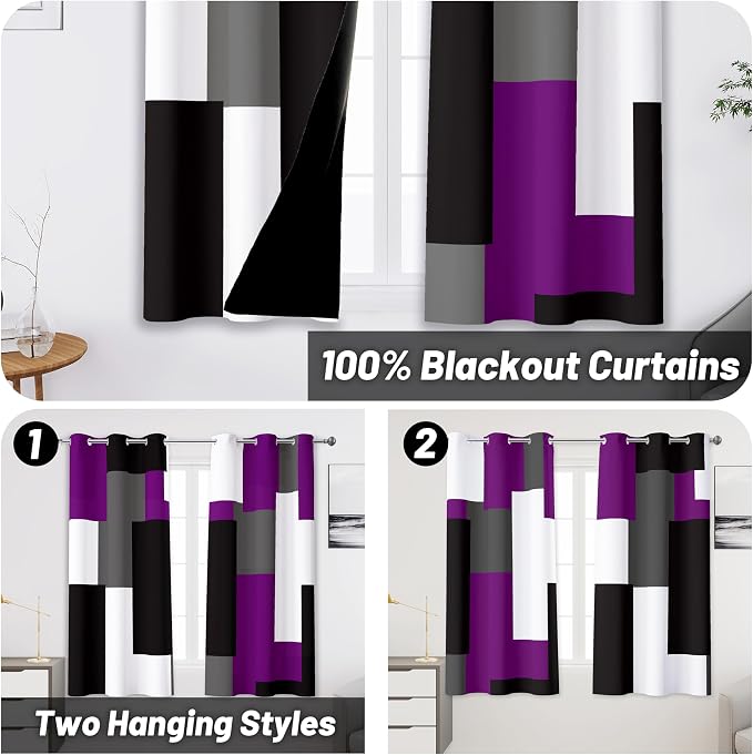 Tyrot Purple 100% Blackout Curtains 45 inch Length 2 Panels Set White Grey Modern Abstract Geometric Drapes for Kitchen Black Out Curtains Insulated Room Darkening Small Window Curtains, 42Wx45L