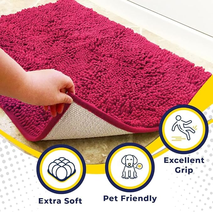 Muddy Mat® | Super Water Absorbent Door Mat Indoor, Microfiber Quick Dry Chenille Entryway Rug, Slip Resistant Front Door Mat, Indoor Mats for Entryway, Machine Washable Pet Rug, Hot Pink 16" x 24"