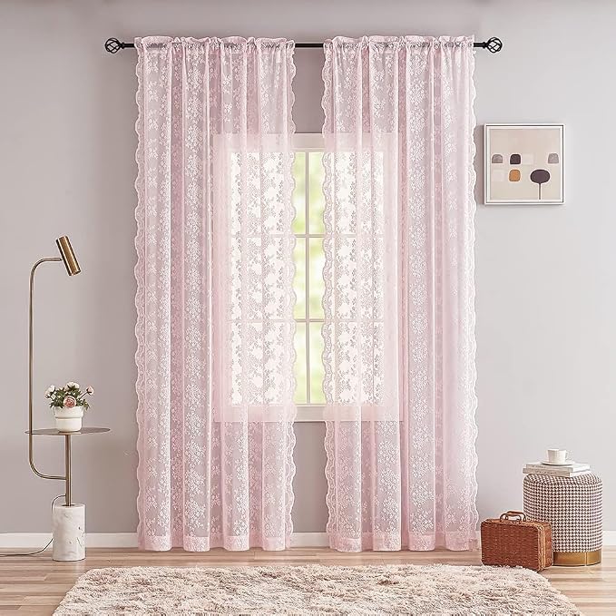 YJ YANJUN Vintage Lace Curtains Pink Boho Floral 80 Inch Curtains for Girls Room Princess Closet Curtain for Open Closet Pink Sheer Sliding Closet Door Drapes 2 Panels Set Light Pink 52W x 80L