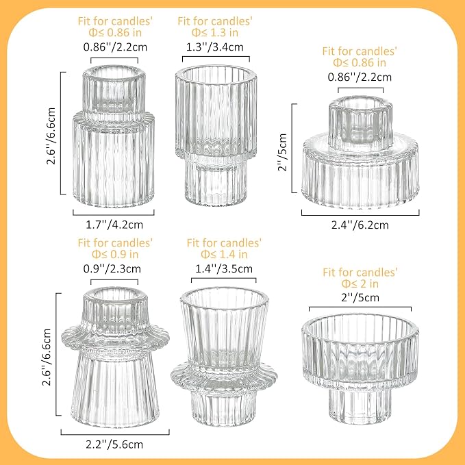 Vintage Ribbed Clear Glass Candle Holders Set of 12, 3 Assorted Sizes for Pillar, Tealight & Votive Holders, Elegant Glass Candlestick Holders for Table Centerpiece Wedding Christmas Decor