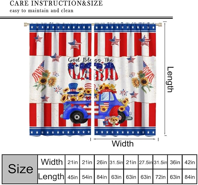 American Flag Curtains,4th of July Stars Stripe Sunflower Gnome Decor Drape for Bedroom Living Room Window Treatment 2 Panels Set Total Size 55" W X 63" L Inch