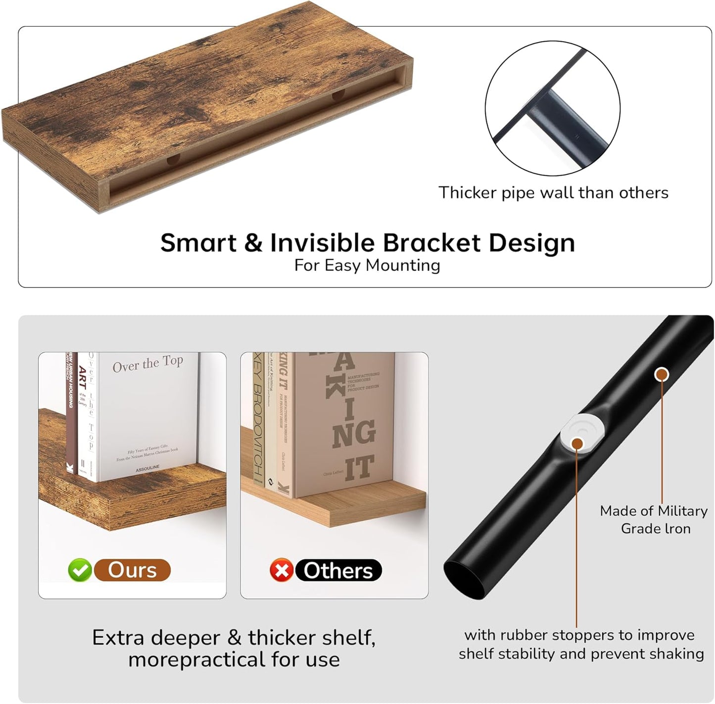 Fun Memories Floating Shelves - 16 Inch Rustic Brown Wall Shelf - Wall Mounted Shelves for Wall Decor Storage - Wooden Shelves with Invisible Brackets for Living Room, Bedroom, Kitchen, 2 Pack