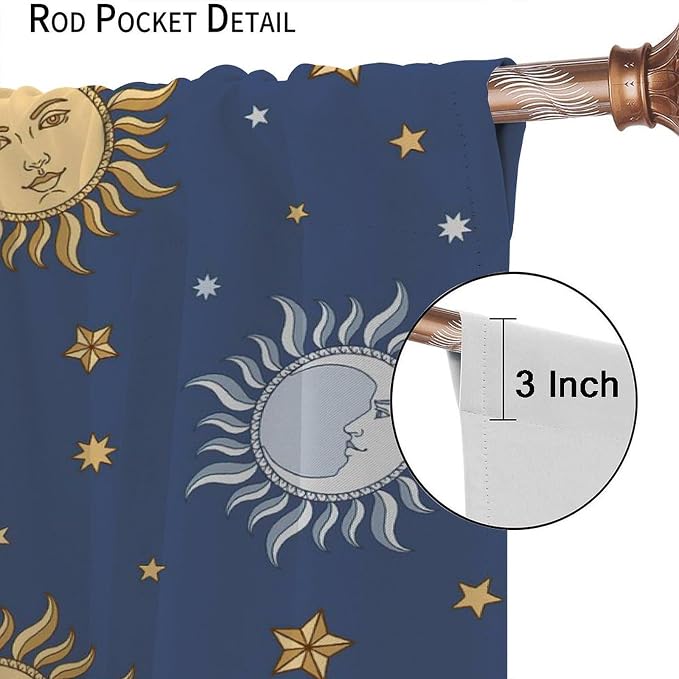 Vintage Sun Moon Bohemian Blackout Window Curtains, Retro Boho Style Print Rod Pocket Window Drapes, for Living Room Bedroom 63x72in 2 Panels