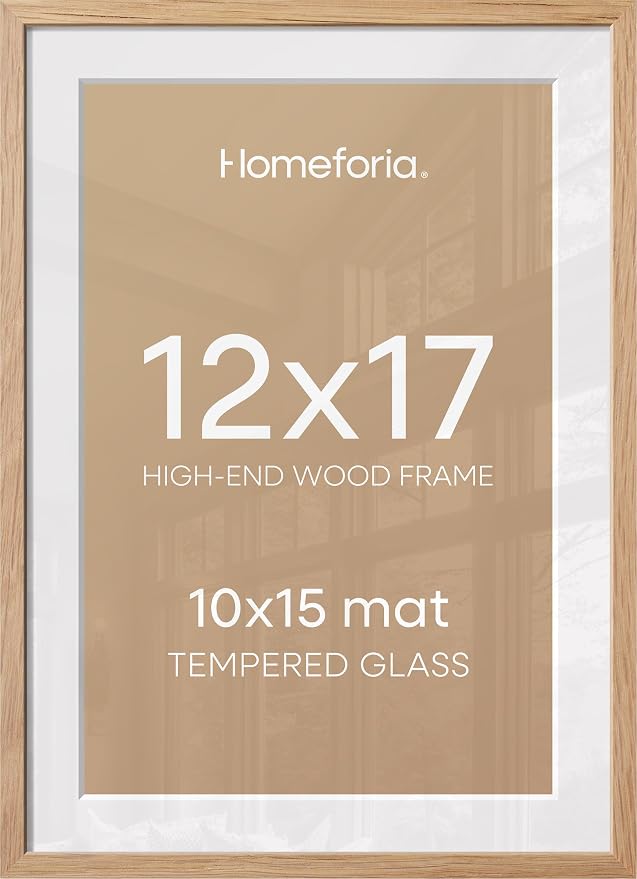 Homeforia 12x17 Picture Frame Natural Wood, High End Oak 12x17 Light Wooden Poster Frame with Mat 10x15, 12 x 17 Frames Matted to 10 x 15 Photo, 17x12 Hanging Frame, Tempered Glass, Wall Kit, Set of 1