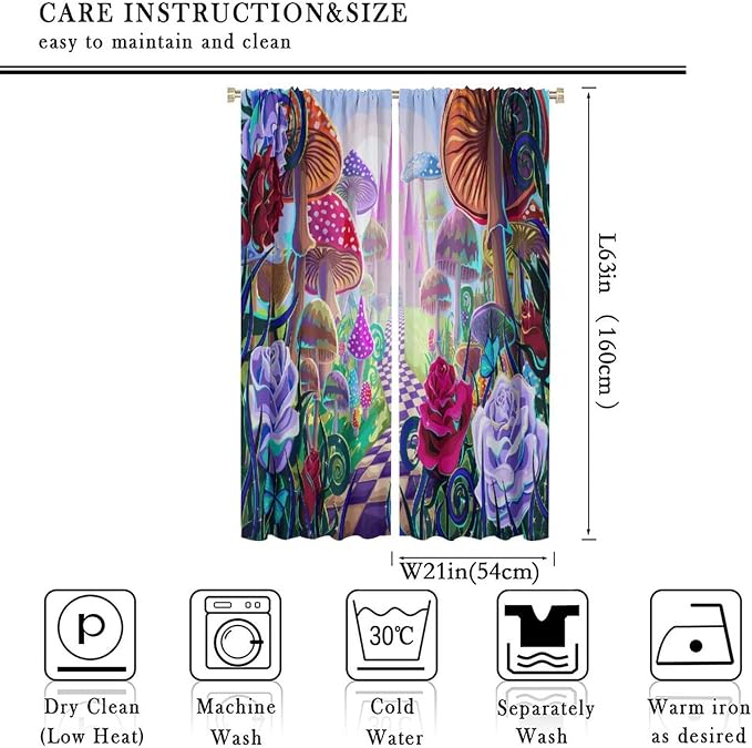 Fantasy Mushroom Curtains,Fairytale Forest Plant Castle Print Window Treatments for Bedroom Living Room Kitchen Colorful Cartoon Floral Window Drapes 2 Panels Set,Total Size42 x 63 Inch