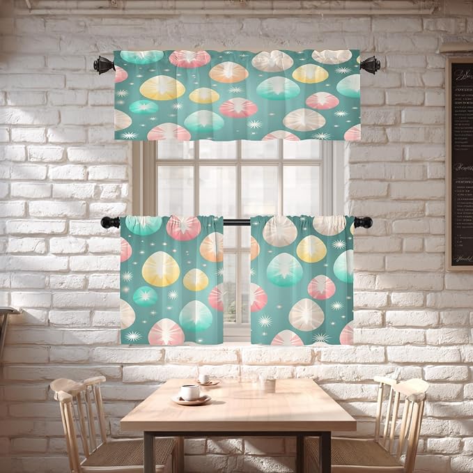 Shrahala Easter Eggs Stars Blackout Short Curtains for Windows, Colorful Easter Egg Pattern Kitchen Valance Thermal Insulated Rod Pocket Window Treatment for Bathroom 52 X 18 in