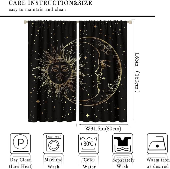 Gold Sun and Moon Blackout Windows Curtains, Fantasy Mandala Bohemian Universe Galaxy Printed Curtains, for Living Room Bedroom 63x63in 2 Panels