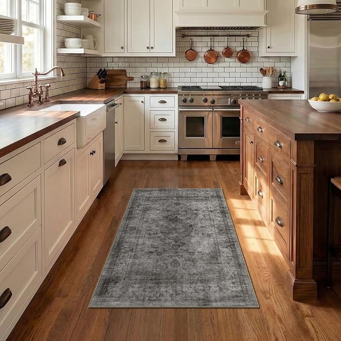 Homemate Washable Rug 4x6 Area Rugs - Vintage Faux Wool Rugs for Living Room Bedroom Dining Room - Non Slip Foldable Carpet Indoor Area Rug for Home Decor（4'x6', Black