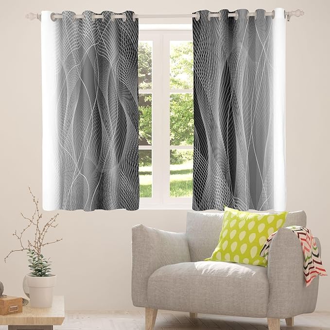 jejeloiu (2 Panels, 42 x 84 Inch Grey and Black Darkening Drapes Strip Lines Curtains for Bedroom Living Room for Kids Women Men Ombre Printed Blackout Curtains Geometric Window Treatments