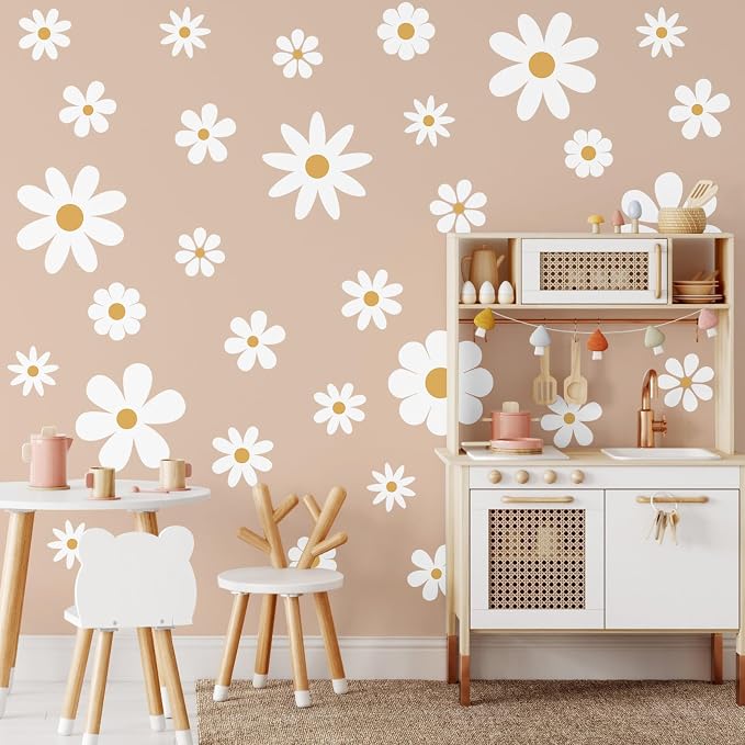 TaoBary 12 Sheet Daisy Wall Sticker Decal Removable Cute Daisy Bedroom Room Decor Flower Wall Sticker Pink White Flower Decal Wallpaper Peel and Stick for Nursery Home(White, Yellow,Classic Style)