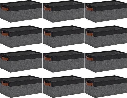GhvyenntteS Small Fabric Storage Bins 12 Pack, 11.8" x 7.87" x 5.11" Storage Basket with Leather Handles, Closet Storage Bins for Shelves, Storage Baskets for Shelves, DVD Storage (Grey/Black)