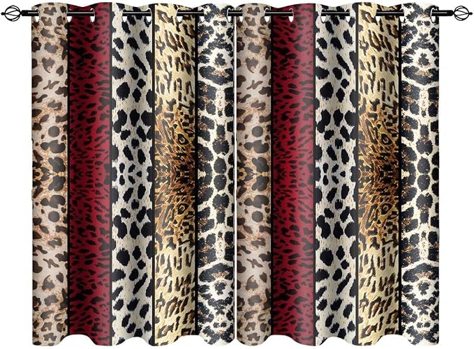 Wild Animal Print Curtain, Room Darkening Thermal Insulated Blackout Leopard Boa Window Drapes with Grommets for Living, Dining, Bedroom, Red Leopard Print, 52"x 36", 2 Panels