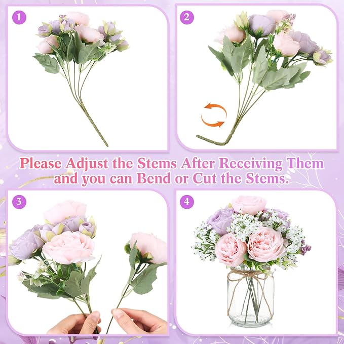 Zeyune 6 Sets Mason Jar Centerpiece Table Decorations, Artificial Peony Baby's Breath Flower Bouquets, Faux Flowers with Vase, Rustic Decor Gifts for Home, Wedding, Holiday (Purple,Pink)