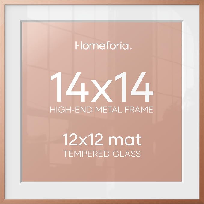Homeforia 14x14 Picture Frame Rose Gold, High End Metal 14 x 14 Square Poster Frame with Mat 12 x 12 Photo, 14x14 Frame Matted to 12x12 Print, 14by14 Hanging Frames, Tempered Glass, Wall Kit, Set of 1