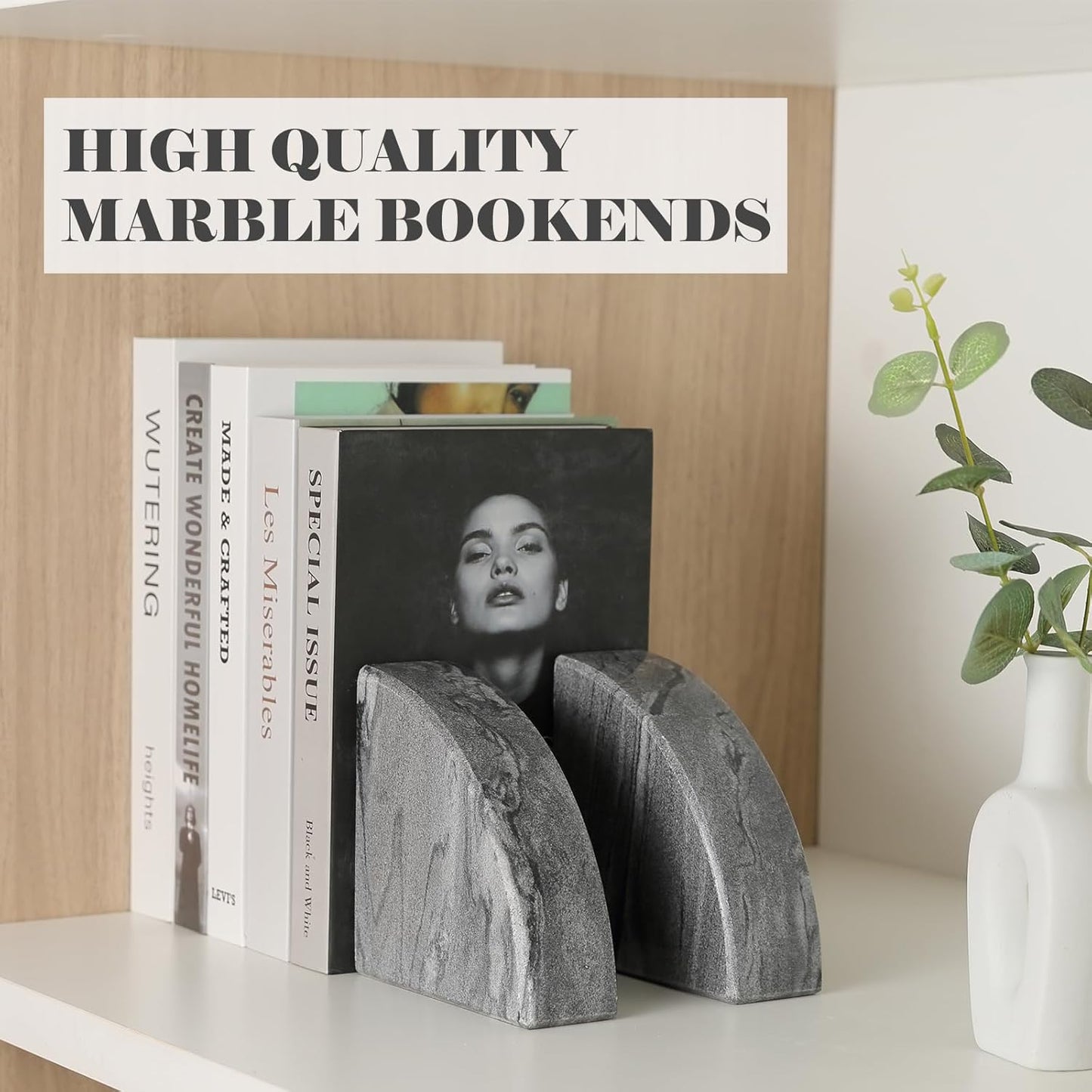 Marble Bookend for Shelves, Non-Skid Bookends for Heavy Books, Heavy Duty Book Stopper for CDs, Luxury Book Shelf Holder, Quarter Circle Design Book Ends Decorative, Monte Grigio, Set of 2