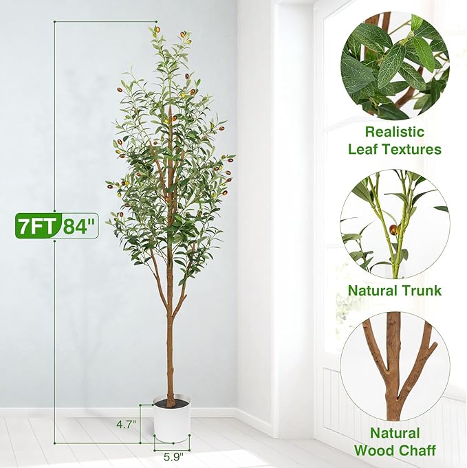7FT Artificial Olive Tree - Indoor Tall Faux Olive Trees with Planter, Large Fake Olive Silk Tree Realistic Olive Plants with Branches and Fruits for Home Decor Office Living Room