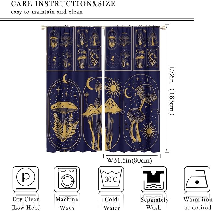 Mushroom Curtains,Boho Style Mystical Plant Sun Moon Print Window Treatments for Bedroom Living Room Kitchen Purple Herbs Window Drapes 2 Panels Set,Total Size 63 x 72 Inch
