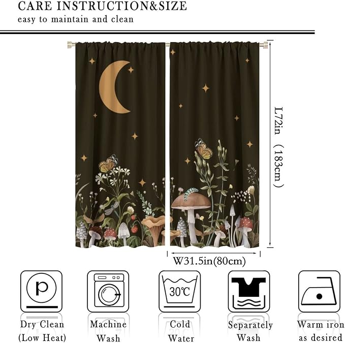 Wild Mushroom Blackout Curtains,Retro Floral Plants Boho Moon Star Window Drapes,Butterfly Botanical for Living Room Kitchen Bedroom,Black Background 63x72in