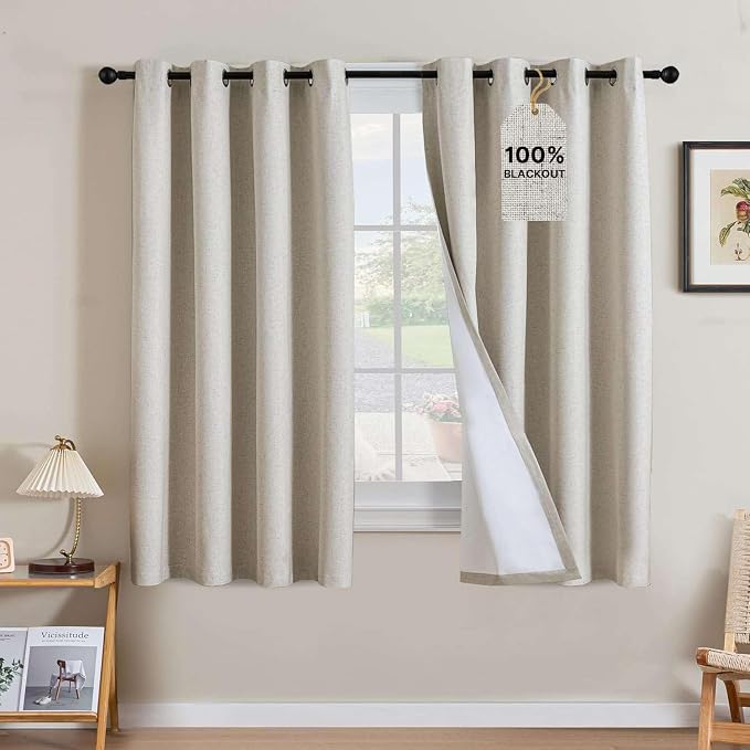 H.VERSAILTEX Linen Curtains 100% Blackout Curtains for Bedroom 63 inch Long Full Light Blocking Nature Linen Blended Window Curtains for Living Room Nickel Grommet (2 Panels, Heathered Linen)