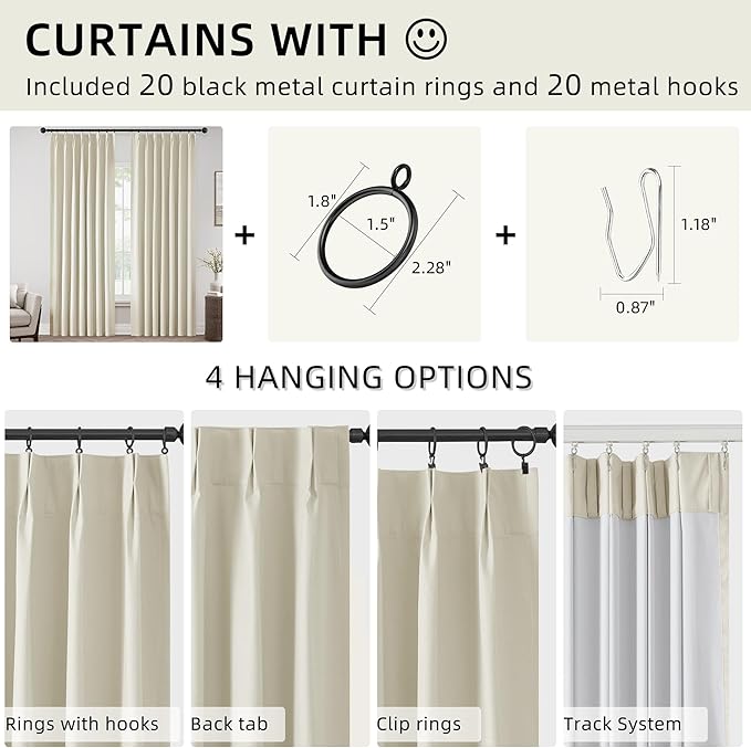 ChrisDowa Birch Pinch Pleated Blackout Linen Curtains 108 inches Long 2 Panels for Living Room Bedroom Farmhouse Room darking Thermal Insulated Back Tab Hooks Rings Window Treatment Drapes,40x108