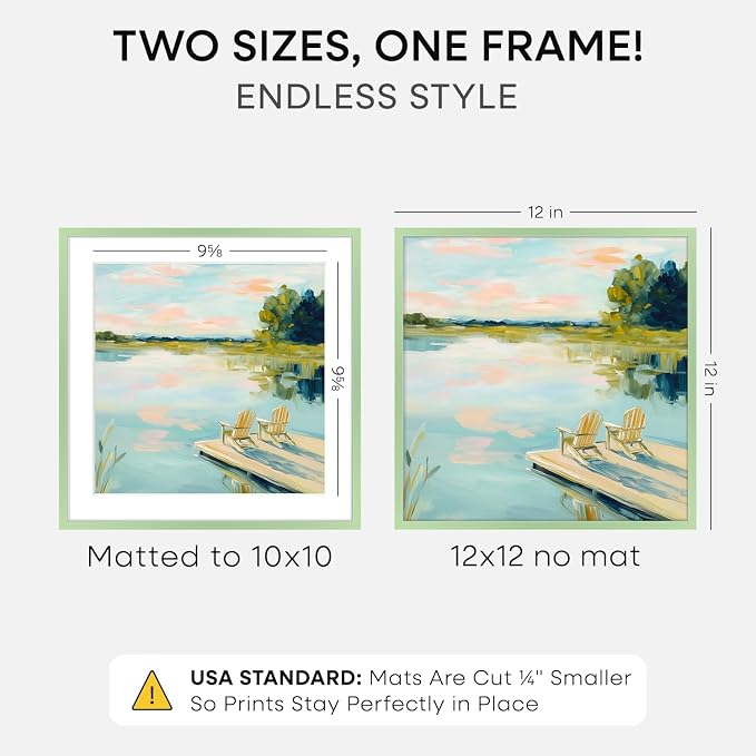 Homeforia 12x12 Picture Frame Sage Green, High End Metal 12 x 12 Square Poster Frame with Mat 10 x 10 Photo, 12x12 Frame Matted to 10x10 Print, 12by12 Hanging Frame, Tempered Glass, Wall Kit, Set of 2