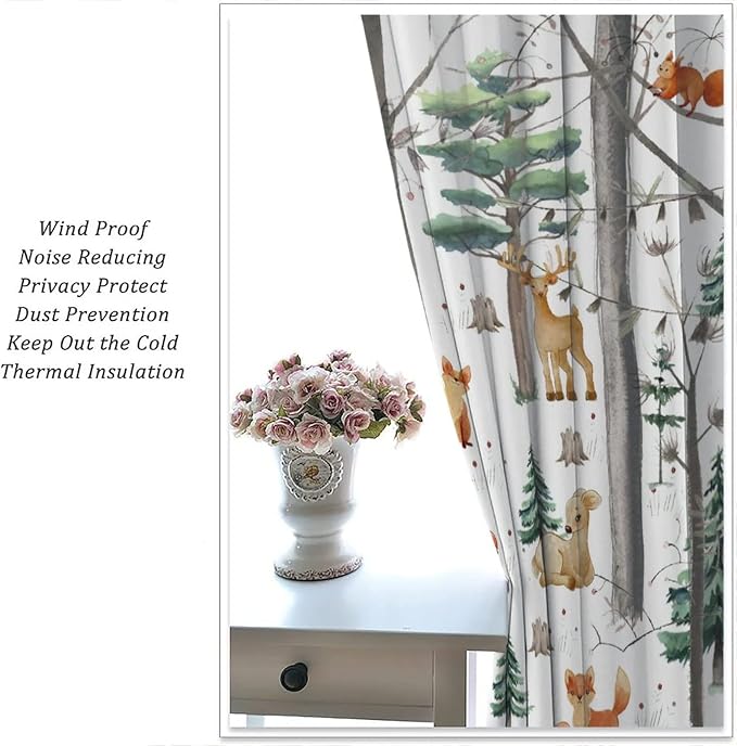 YCness Kid Forest Woodland Animal Fox Elk Bear Watercolor Print Curtains for Nursery Bedroom Living Room, Rustic Wild Animal Window Drapes 2 Panel Set, 42x63 Inch