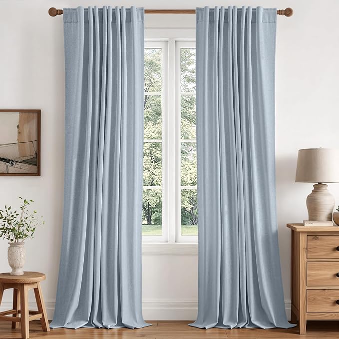 MIULEE 100% Blackout Linen Curtains for Bedroom 84 inches Long, Thermal Insulated Room Darkening Black Out Drapes for Living Room, Back Tab Rod Pocket, 2 Panels Set, 40 Wide x 84 Length, Light Blue