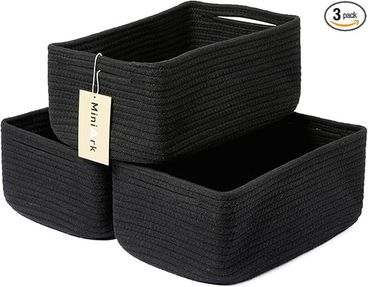 MiniArk Small Storage Baskets for Organizing | Closet Organizer Bins | Shelf Toy Basket | Woven Rope Baskets | Cube Decorative Box | Shallow Basket | 13x8.5x5.1” | 3 Packs Black