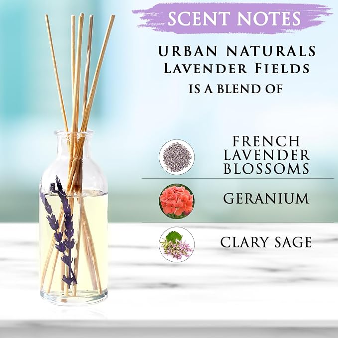 Urban Naturals Reed Diffuser Set, Lavender Fields - Bathroom Shelf Décor | Real Lavender Stems French Blossoms, Geranium & Clary Sage, for Aromatherapy & Stress Relief, Vegan