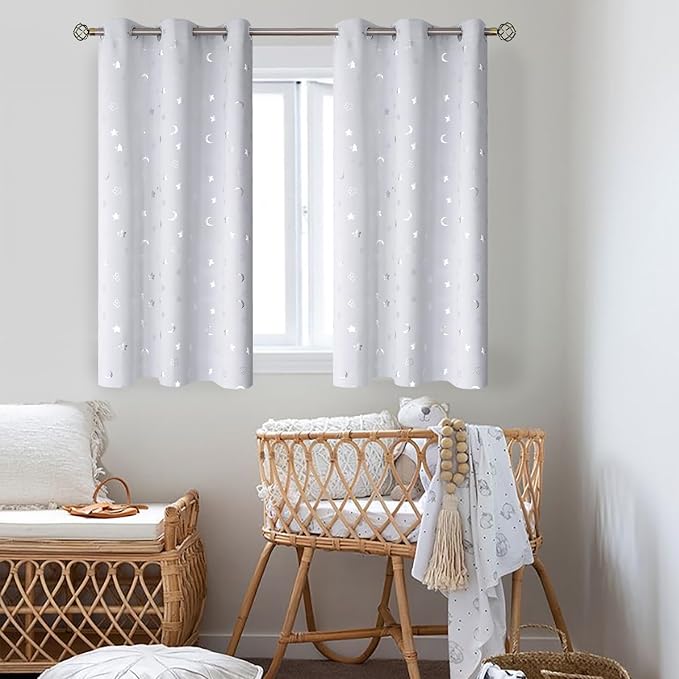 BGment Kids Curtains for Nursery, Short Star and Moon Room Darkening Curtains for Bedroom 54 Inch Long, Blackout Thermal Insulated Window Drapes for Boys Girls, Greyish White, 42 Wide, 2 Panels