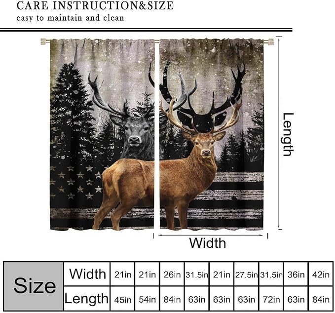 Rustic Hunting Deer Blackout Curtains Vintage American Flag Forest Hunting Cabin Rustic Deer Wildlife Windows Treatments Rod Pocket for Kitchen Living Room Bedroom 84x84in