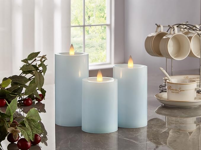 Rechargeable Flameless Pillar Candle with Remote Timer, 3D Moving Flame Real Wax Led Pillar Candles (Ice Blue, 3''x4''/5''/6'')