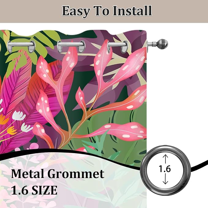 Boho Colorful Floral Blackout Curtain, Abstract Tropical Botanical Leaf Nature Asthetic Curtains, Retro Fun Funky Art Grommet Drapes 2 Panels, Farmhouse Bedroom Living Room Decor 52X84 Inch Green Pink