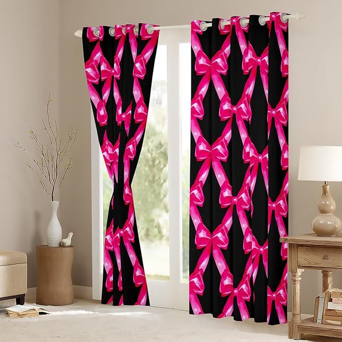 Erosebridal Rose Pink Bow Window Curtain for Kids Teen Women,Bowknot Girls 52" Wx63 L Curtain Dreamy Princess Bow Tie Window Treatments Geometric Patchwork Bowknot Black Curtains & Drapes