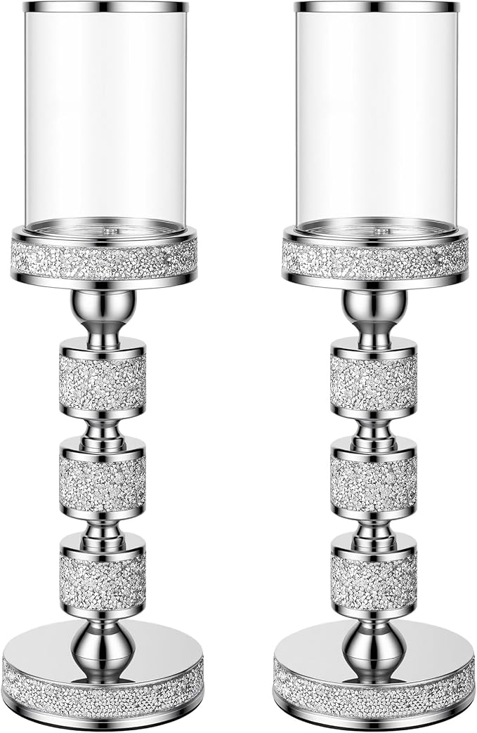Hurricane Candle Holder, 15.9" Tall Metal Candle Stand, Glass Pillar Candle Holders, Crystal Silver Decorative Centerpieces for Table, Wedding and Dining Room (Fits Candles up to 3"x5", 2pcs, L)