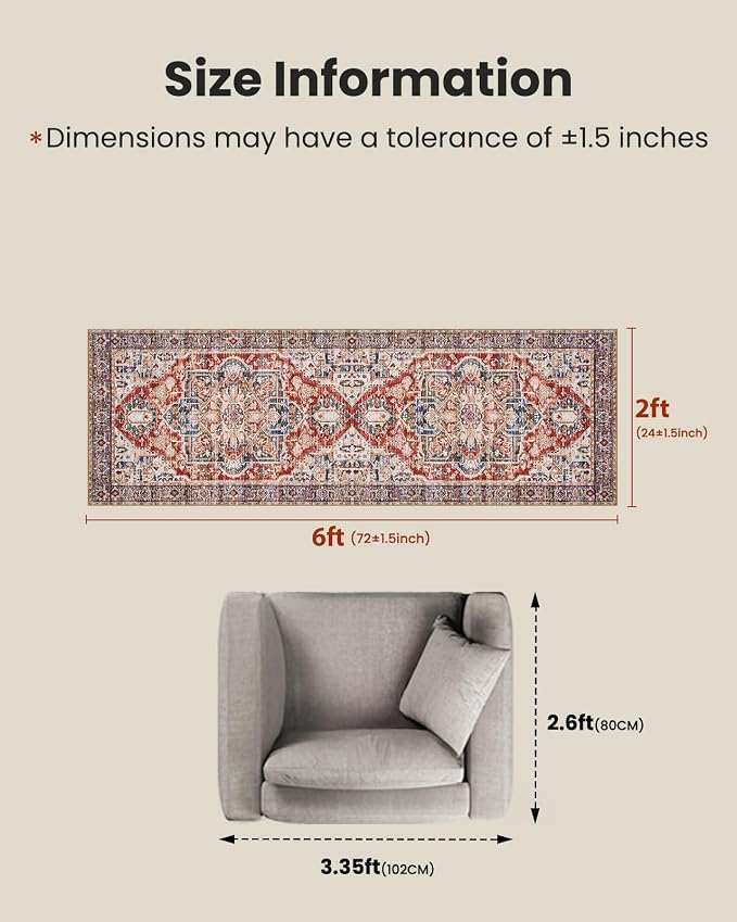 AMADA HOMEFURNISHING 2x6 Washable Runner Rug, Low-Profile Kitchen Rugs with Non-Slip Backing & Durable Edge Binding, Vintage Entryway Runner Rug for Bedroom & Hallway