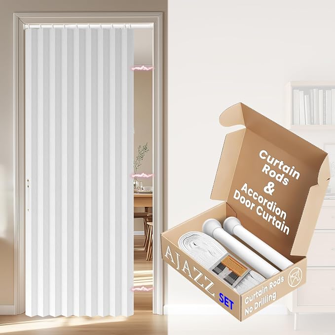 AJAZZ Blackout Accordion Doors Interior Sets Included Rod (1 Pack, 54W x 78 L, White) Invisible Magnetic Door Curtain for Bedroom Living Room Doorway Curtain