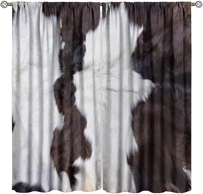 Cowhide Blackout Curtain, Retro Farmhouse Animal Spotted Black White Cow Texture Print Drapes, Window Treatments Rod Pocket 2 Panels Curtains for Bedroom Nursery Office Living Room Decor 52"W X 84"L