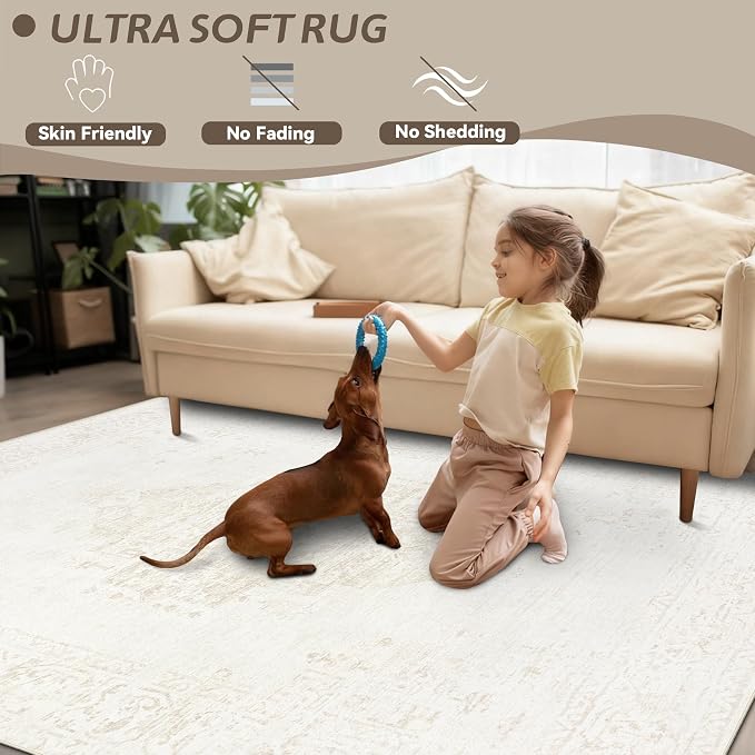 8x10 Area Rugs for Living Room: Washable Vintage Large Retro Rug Soft Non-Slip Indoor Low Pile Carpet for Bedroom Dining Room Office (Beige, 8' x 10')