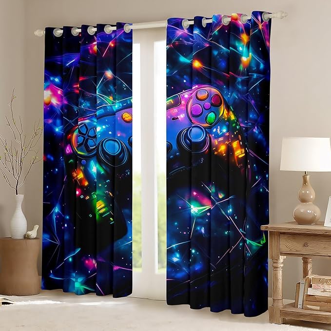 Feelyou Kids Gamer Blackout Curtains Galaxy Gaming Window Curtains Glitter Game Darkening Drapes Boys Girls Gamepad Teens Window Treatments Bedroom Decor (2 Panels, 52 x 63 Inch)