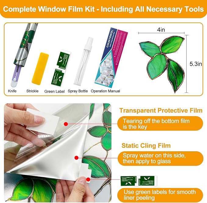 Countewol Privacy Window Film Upgraded 24H Day & Night Privacy Heat Insulation Static Cling Decorative Glass Film(Upgraded UV Greenery,35.8 X 78.7 in)