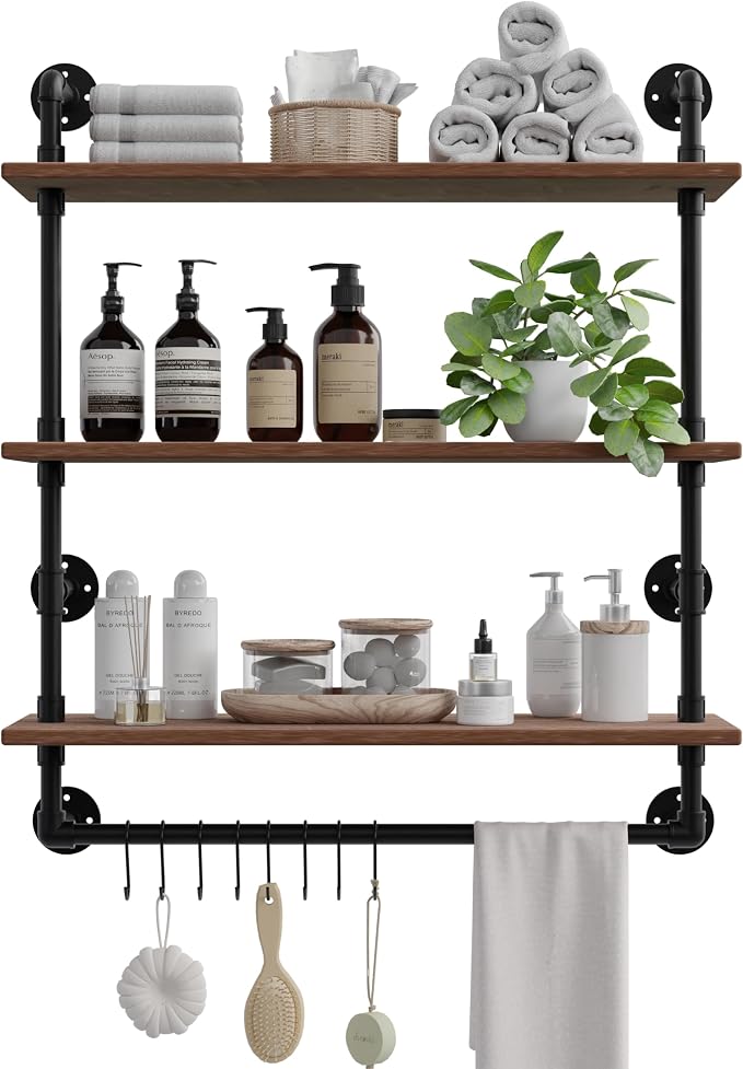 ROGMARS Industrial Pipe Shelving Bathroom Shelves with Towel bar | 24 inch Pine Wood Floating Shelves for Wall Mounted Bedroom,Kitchen, Farmhouse, Living Room 3 Tier