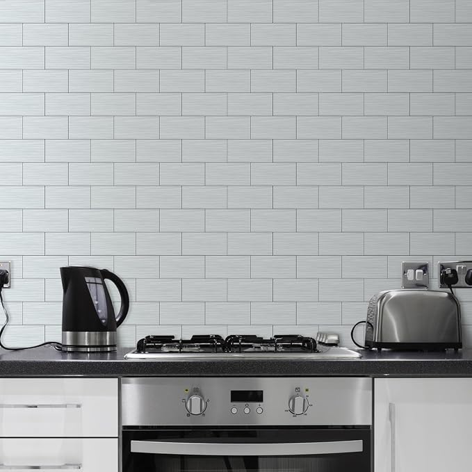 AULIGET 4-Piece Stainless Steel Subway Tile Peel and Stick Backsplash, 3" x 6" Metal Stick on Wall Tiles for Backsplash Kitchen, Bathroom, Laundry Room, Camper, Fireplace