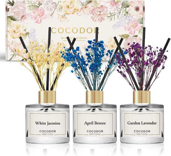 COCODOR Real Flower Reed Diffuser Set of 3/White Jasmine,Garden Lavender,April Breeze/1.6oz Each Pack/Home Fragrance Diffuser, Oil Scent Diffuser for Bathroom Shelf Decor