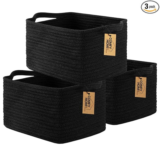 COMFY-HOMI 3PACK Cotton Rope Woven Basket With Handles for Shelves, Toy, Book, Cloth Storage Basket for Organizing|13.5" x 11" x 9.5" For Living Room（all Black）
