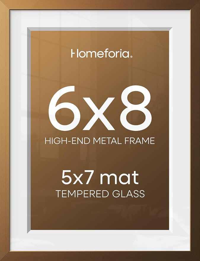 Homeforia 6x8 Picture Frame Bronze, High End Metal 6 x 8 Brass Frames with Mat 5 x 7 for Art, 6x8 Desk Frame Matted to 5x7 inch Photo, 6 by 8 Wall or Tabletop Frame, Tempered Glass, Wall Kit, Set of 2